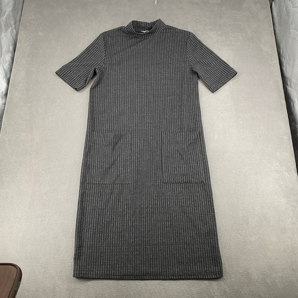 Zara Woman Pinstripe Mock Neck Shift Dress Gray Short Sleeve Pockets Size M